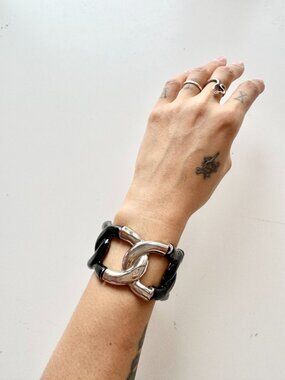 Unbranded Silver Black Chunky Chain Link Stretch Cuff Bracelet
